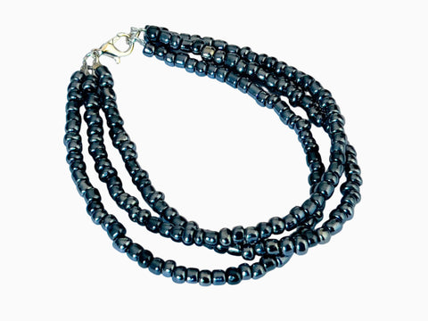 Dark Blue Glass Beads Bracelet - 3 Strands