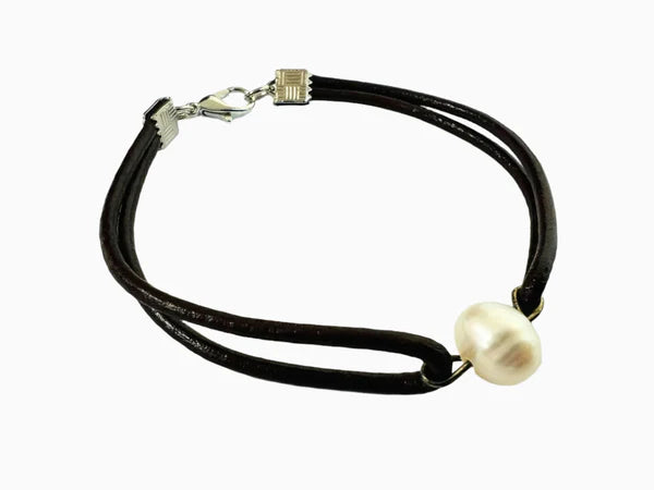 Freshwater Pearl with Leather Band Set (Dark Brown)