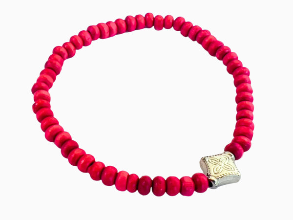 Wooden Beaded Bracelet  (Hot Pink)