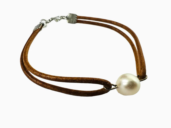 Freshwater Pearl with Leather Band Set (Light Brown)
