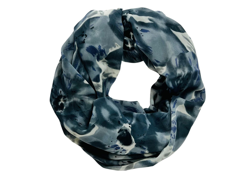 Gray Blue Black and Purple Flowers on White Scarf (9266)