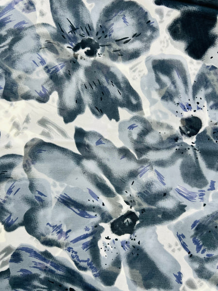 Gray Blue Black and Purple Flowers on White Scarf (9266)