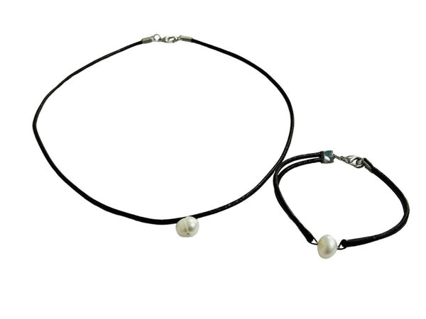 Freshwater Pearl with Leather Band Set (Black Leather)