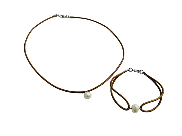 Freshwater Pearl with Leather Band Set (Light Brown)