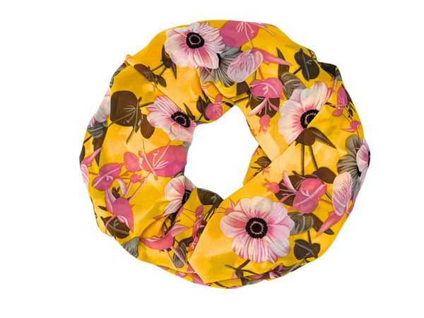 Pink and Gray Flowers on a Bright Yellow Scarf (9262)