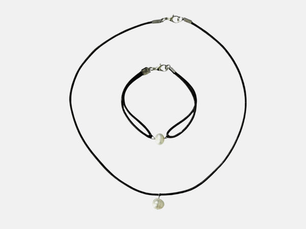 Freshwater Pearl with Leather Band Set (Black Leather)