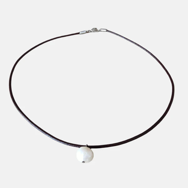Freshwater Pearl with Leather Band Set (Dark Brown)